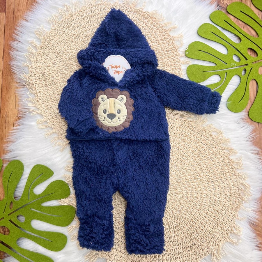 Macacão de Pelinho Sherpa Leão com Capuz - Marinho